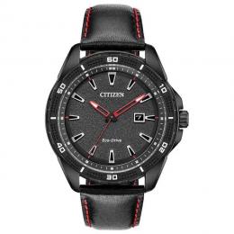 CITIZEN AW1585-04E AR MEN’S ECO-DRIVE BLACK DIAL RED ACCENT LEATHER WATCH
