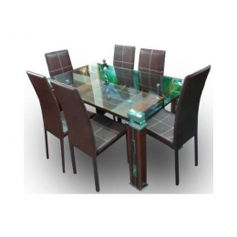 Glass Dining Set with 6 Chairs (Brown)