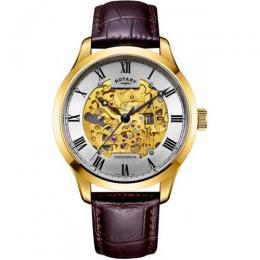 ROTARY GS02941/03 MEN'S GOLD CASE SKELETON BROWN LEATHER WATCH