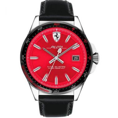 FERRARI 830489 MEN'S PILOTA STAINLESS STEEL RED DIAL LEATHER