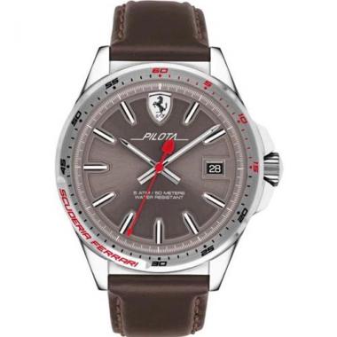 FERRARI 830488 MEN'S PILOTA STAINLESS STEEL GREY DIAL LEATHER WATCH